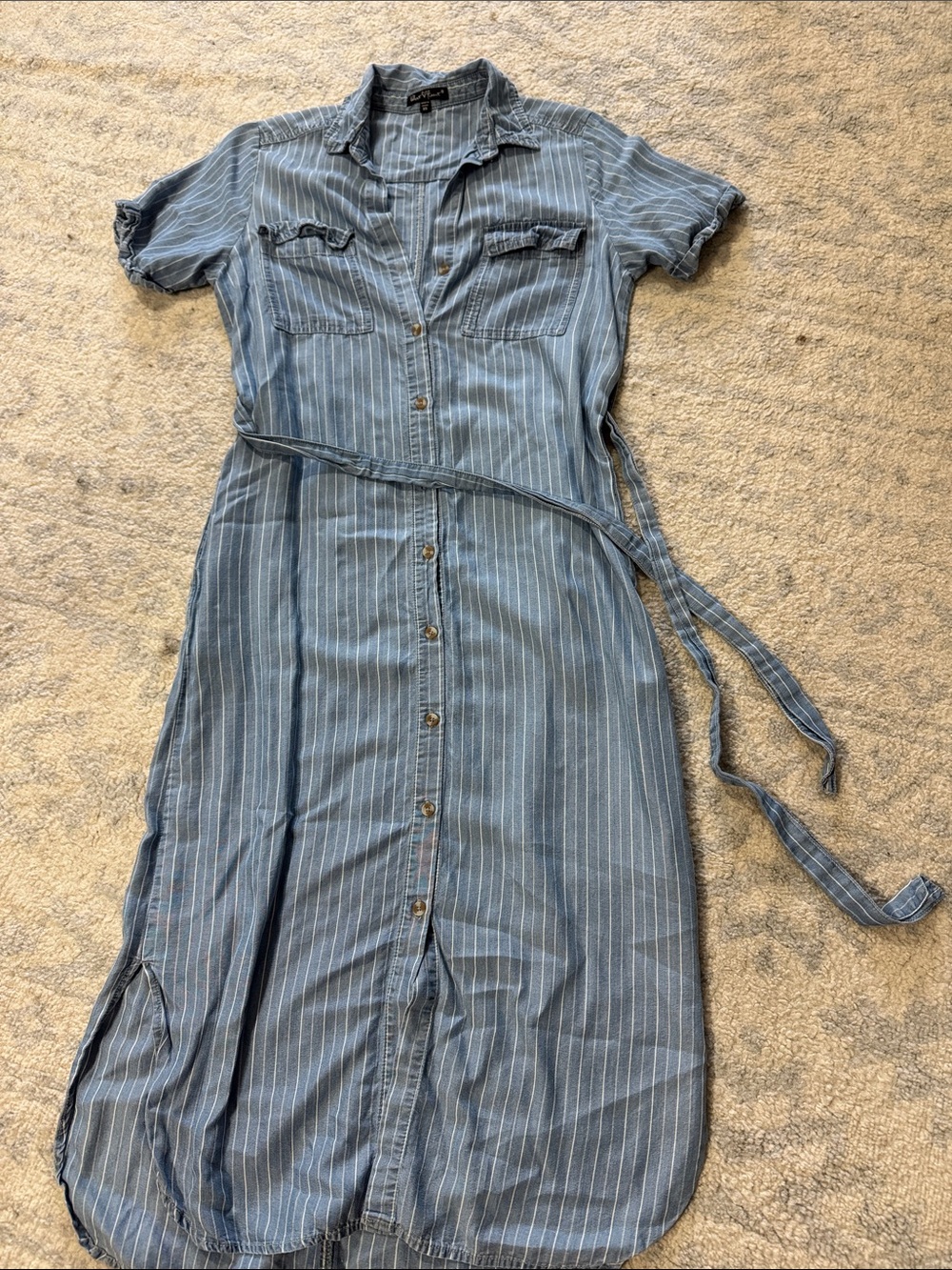 Velvet Heart Blue Striped Midi Shirt Dress with Tie Waist